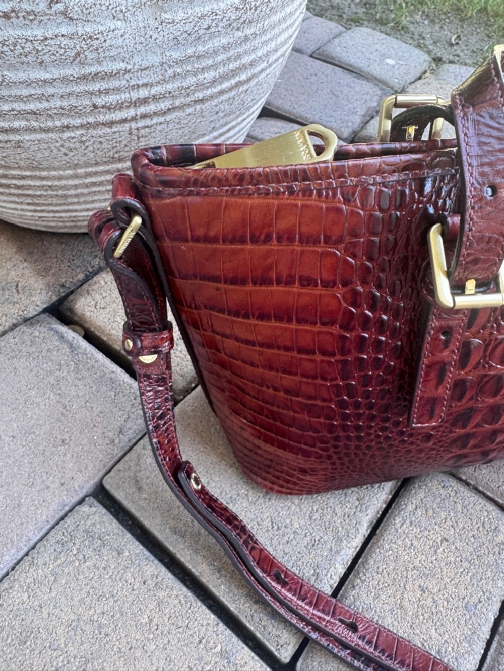 Brahmin Mini Asher Melbourne Embossed Leather Satchel - Pecan/Gold EUC - Picture 4 of 13